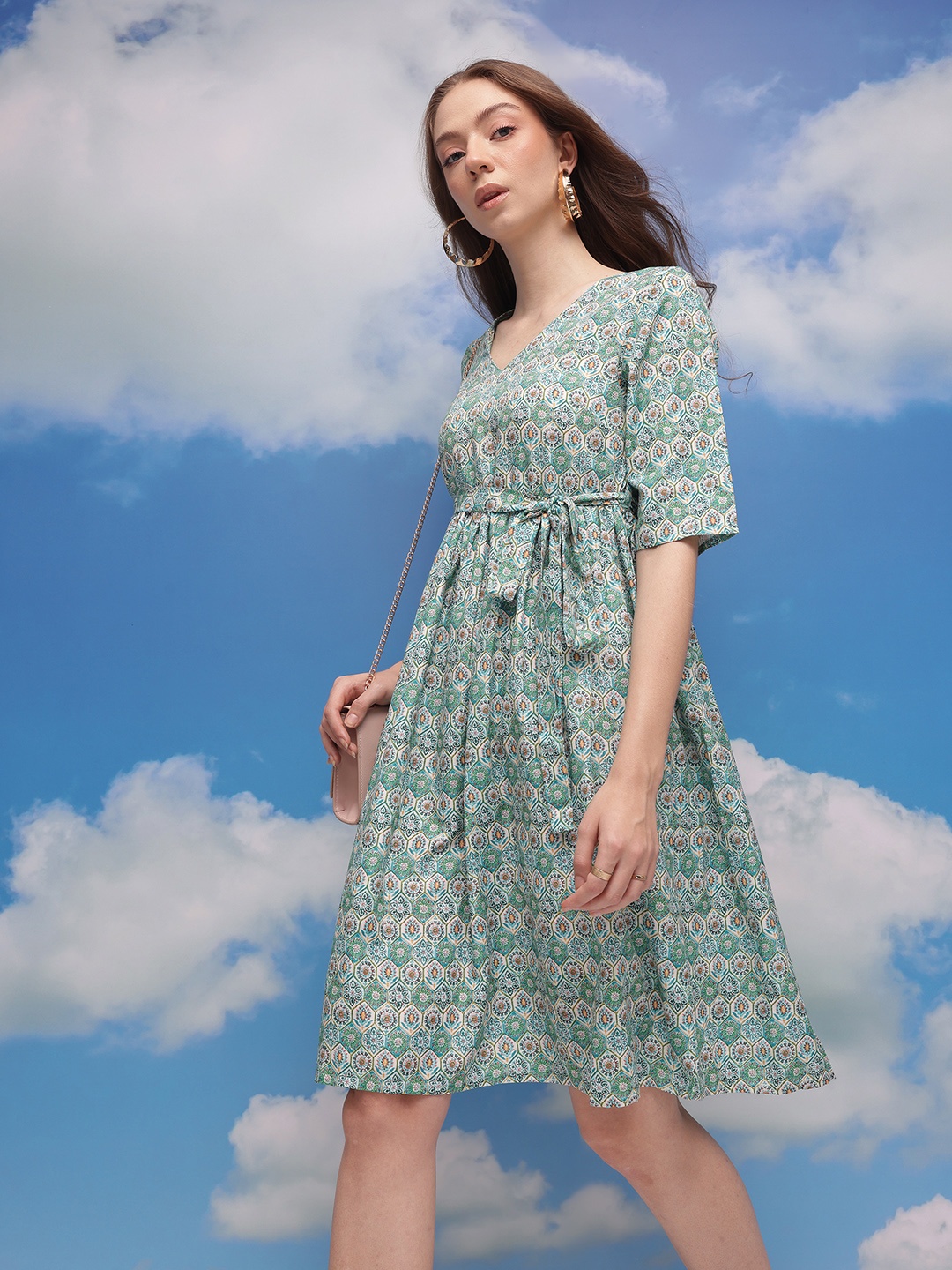 

CORSICA Ethnic Motifs Print Belted A-Line Dress, Green