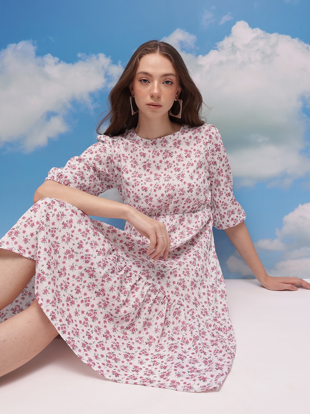 

CORSICA Floral Printed Puff Sleeves Gathered Detailed Tiered A-Line Dress, White