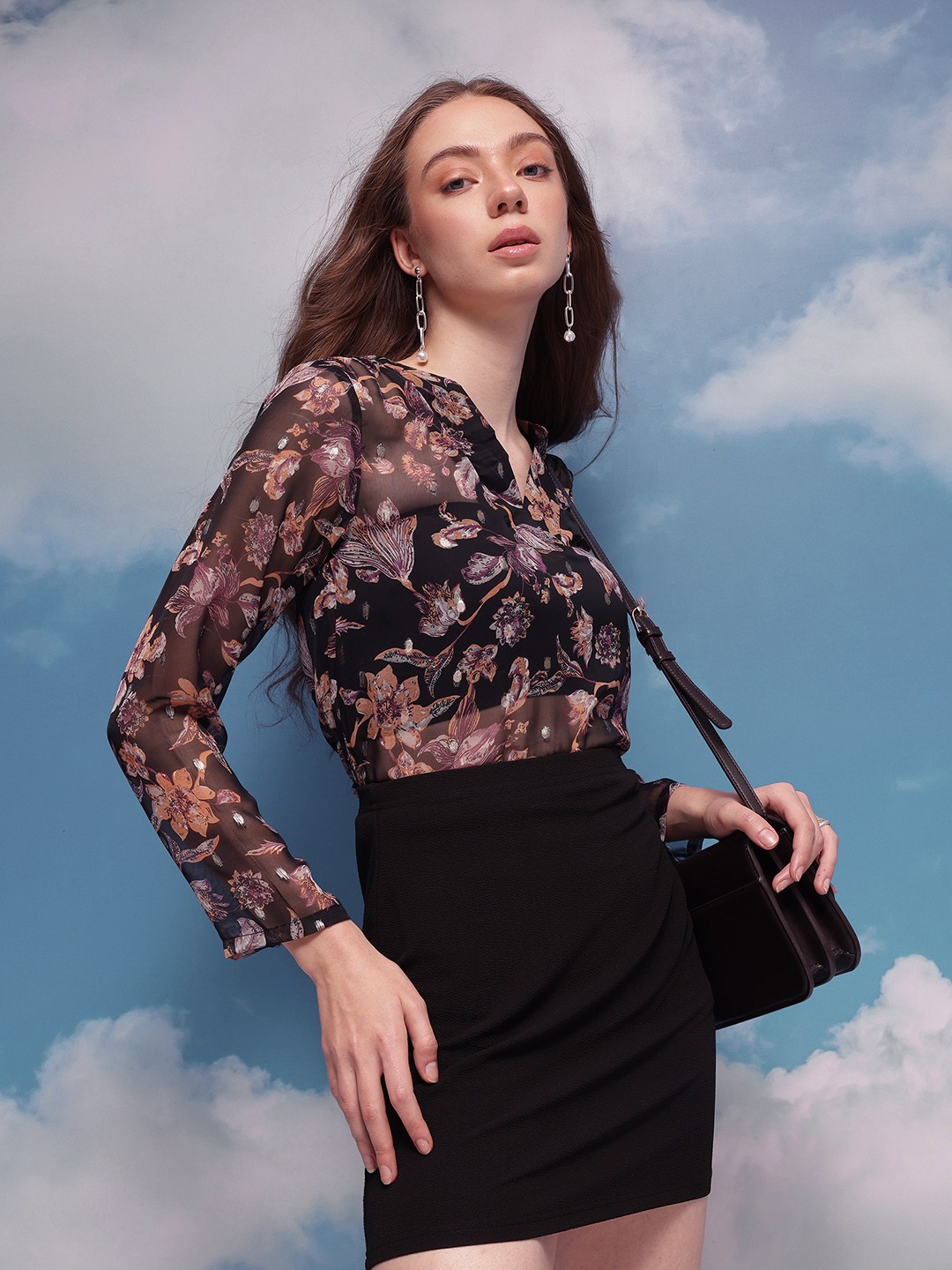 

CORSICA Floral Printed Regular Top, Black
