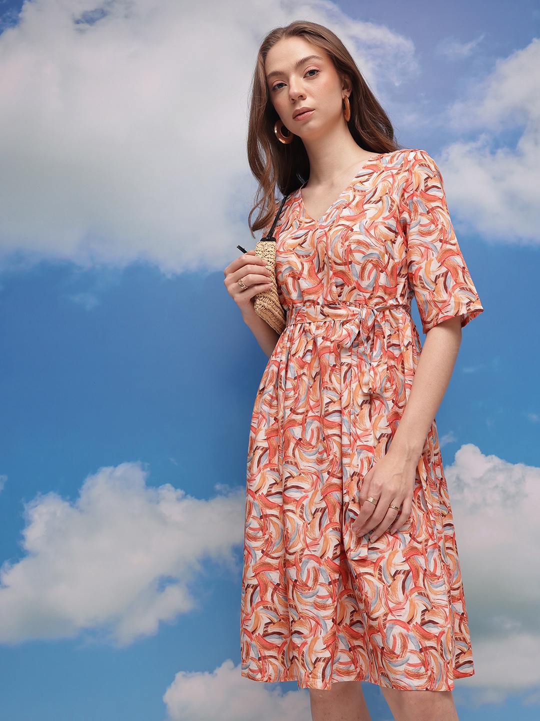

CORSICA Abstract Print Belted A-Line Dress, Beige