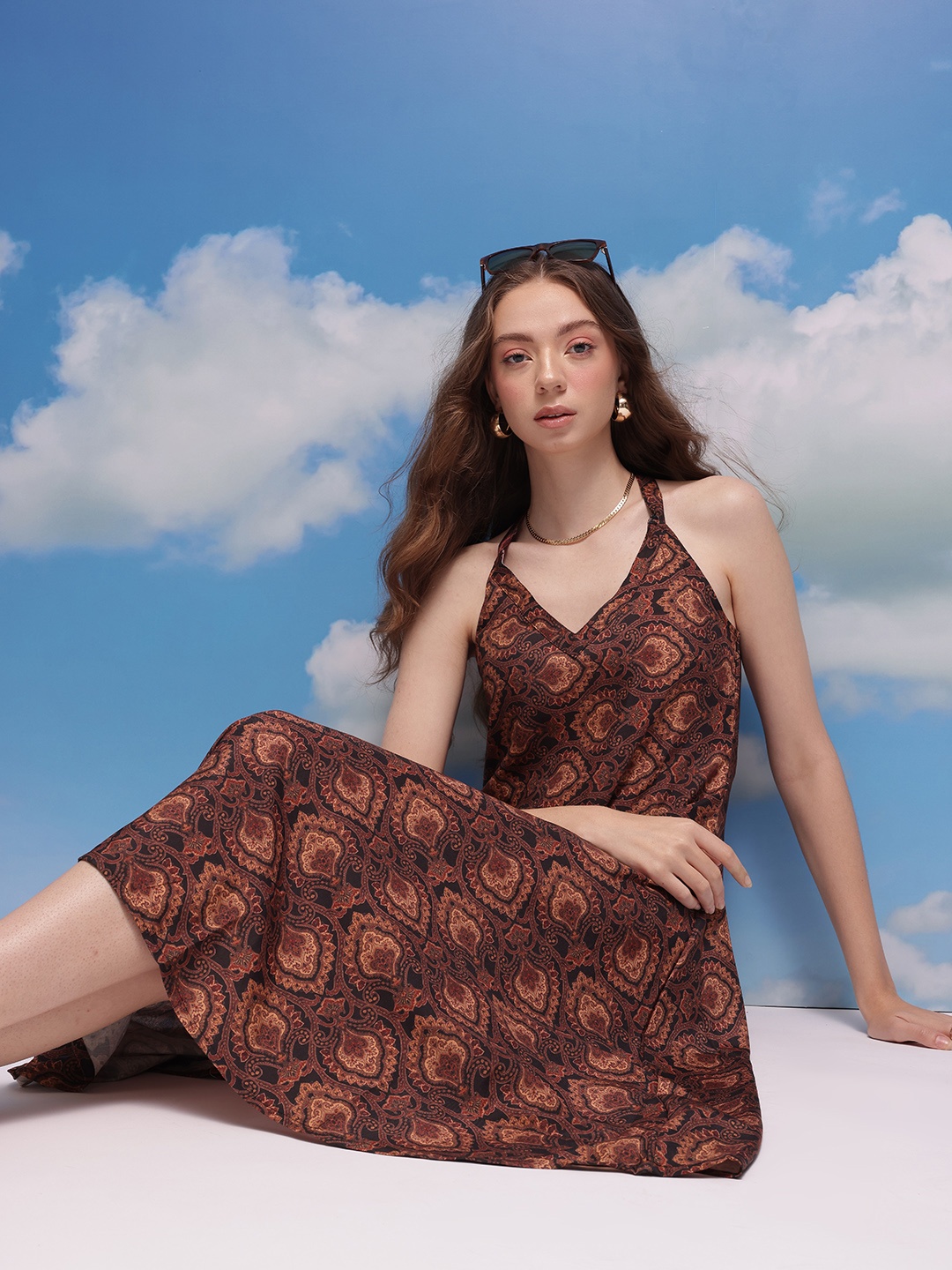 

CORSICA Ethnic Motifs Print A-Line Midi Dress, Black