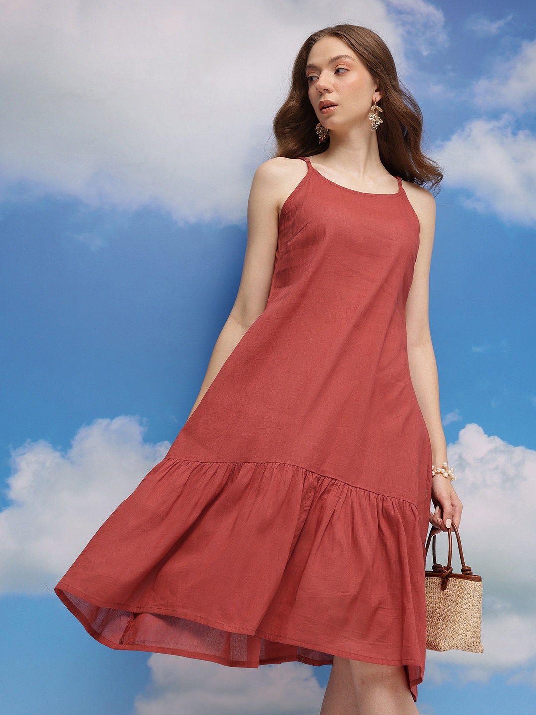 

CORSICA Solid Peplum Pure Cotton Dress, Coral
