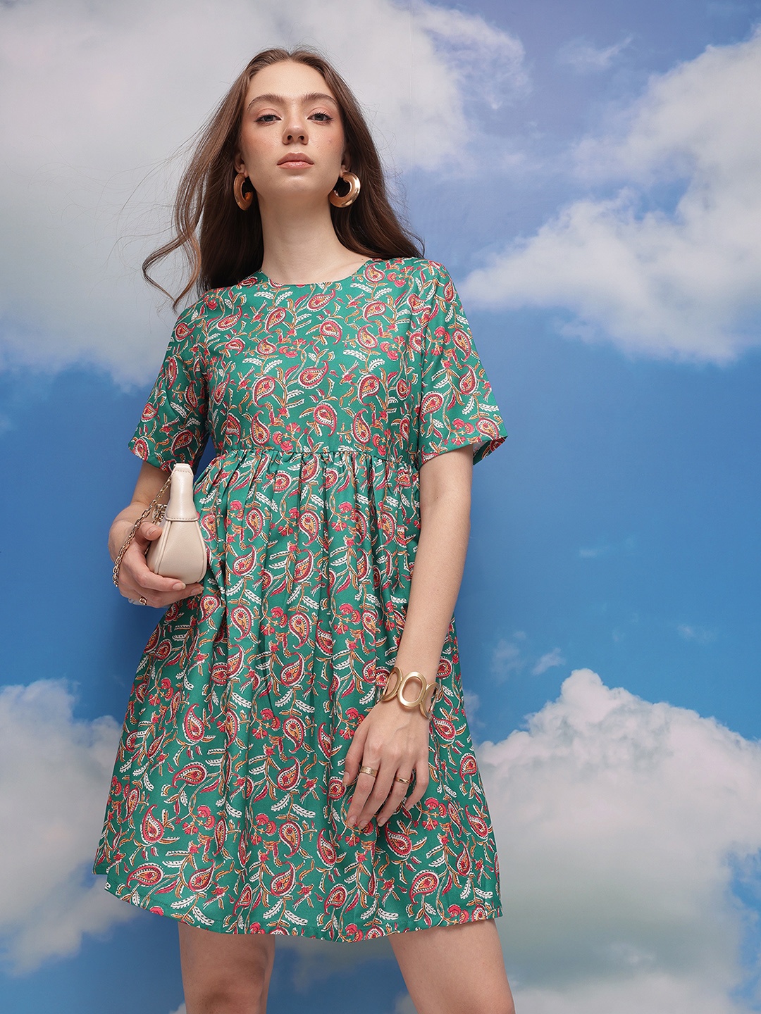 

CORSICA Paisley Printed A-Line Dress, Green