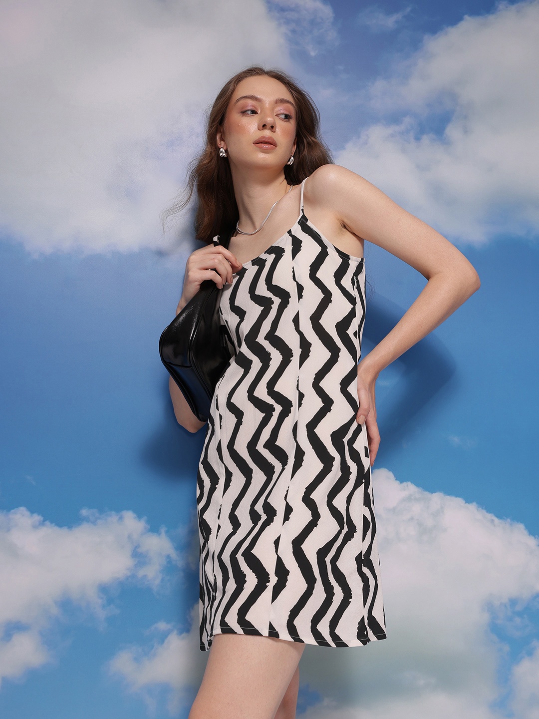 

CORSICA Chevron Print Shoulder Straps Mini Shift Dress with Side Slit, White