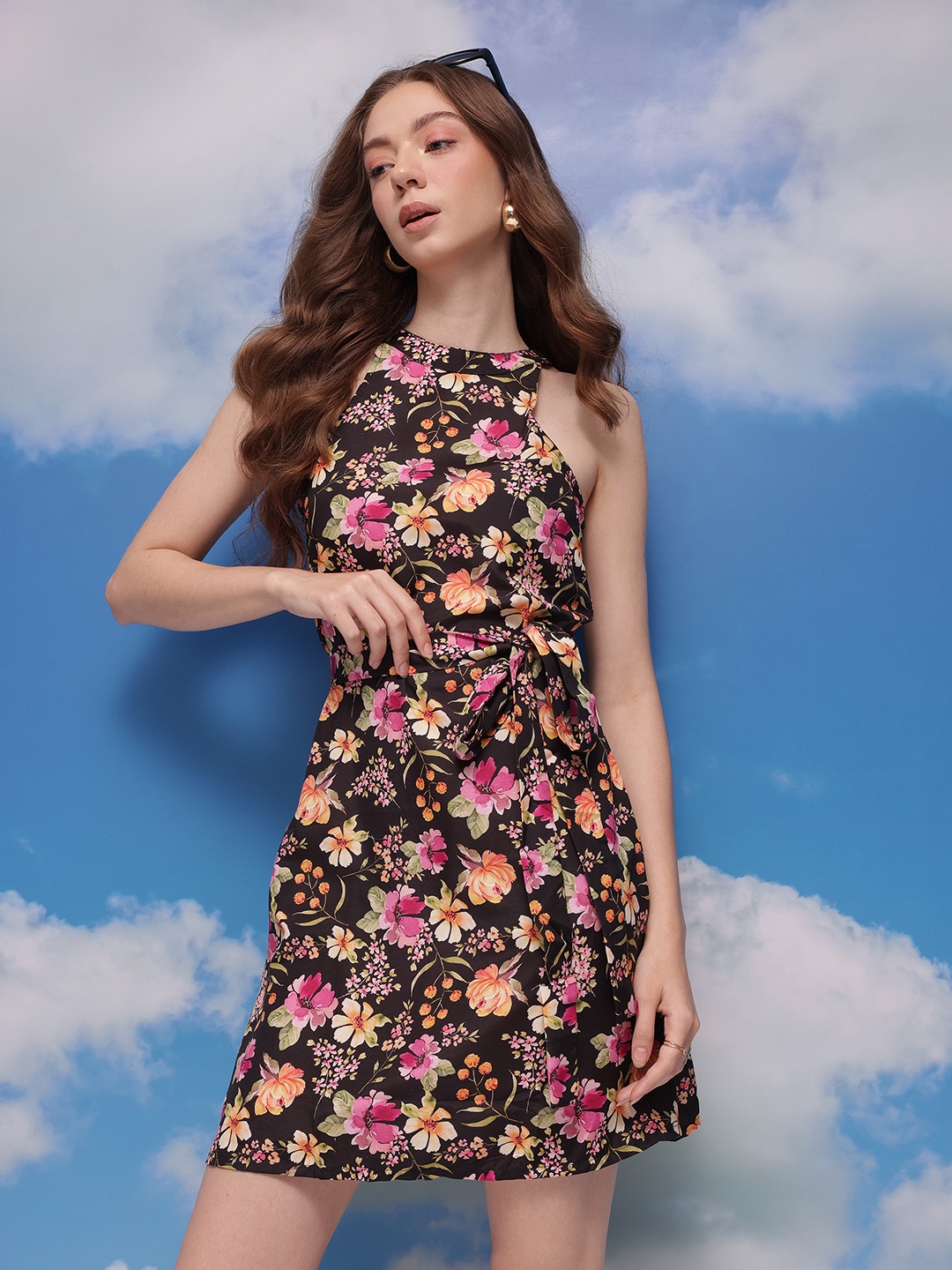

CORSICA Floral Print Belted A-Line Mini Dress, Black