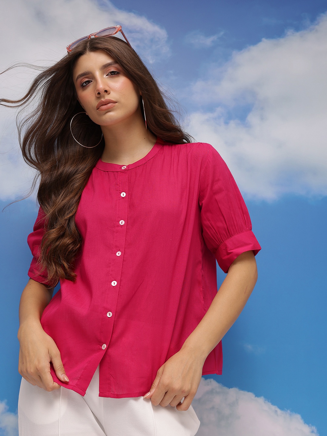 

CORSICA Shirt Style Pure Cotton Crop Top, Pink