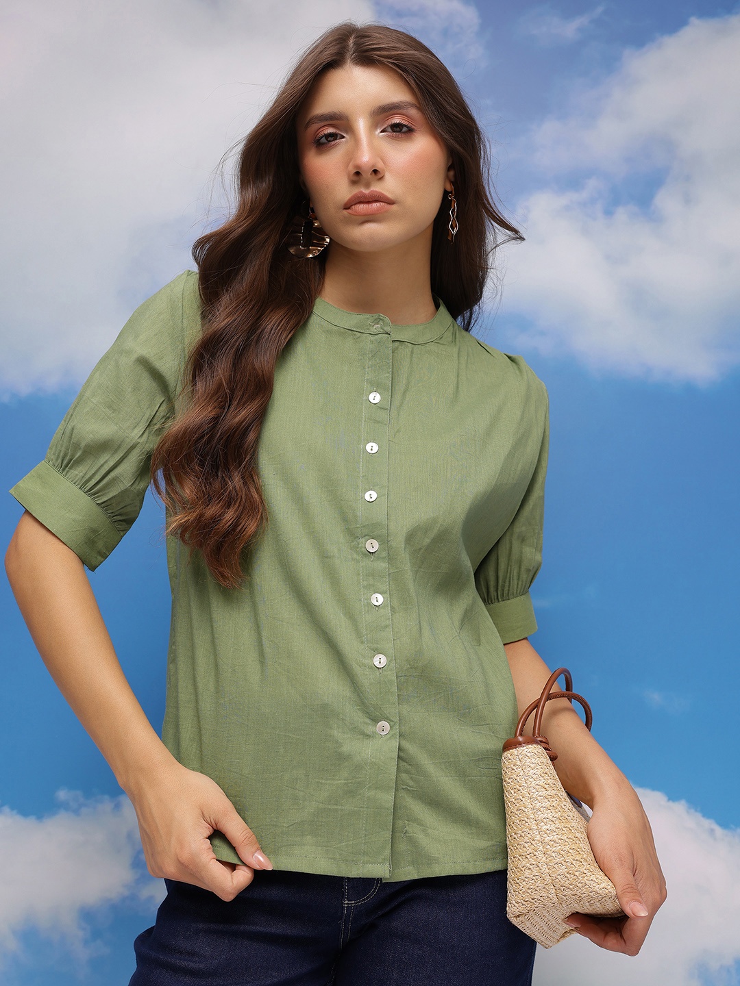 

CORSICA Mandarin Collar Puff Sleeve Shirt Style Pure Cotton Crop Top, Olive