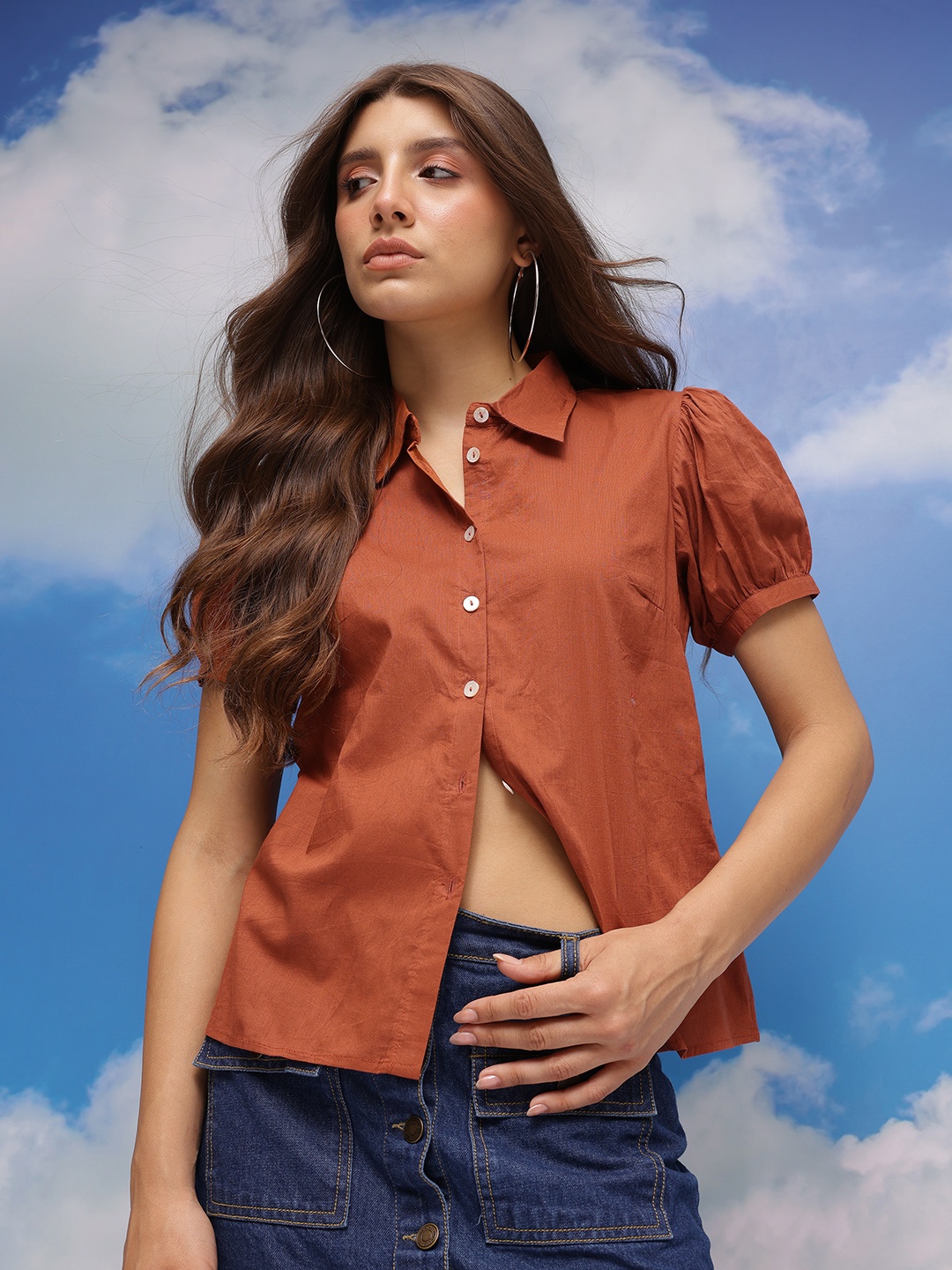 

CORSICA Puff Sleeves Pure Cotton Casual Shirt, Brown