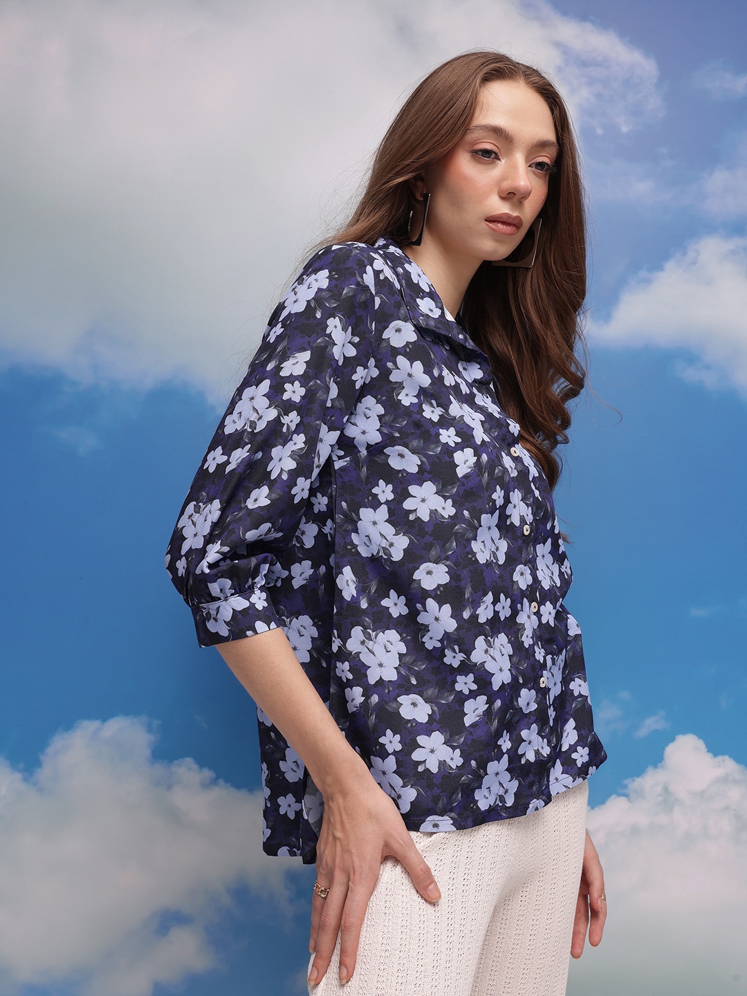 CORSICA Women Floral Printed High-Low Casual Shirt, Navy blue