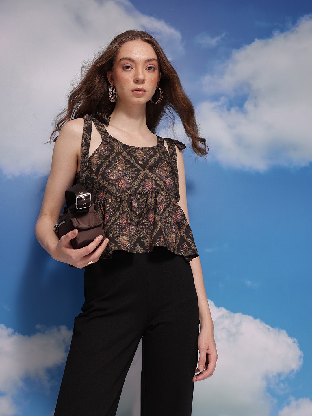 

CORSICA Tie-Up Strap Printed A-Line Top, Black