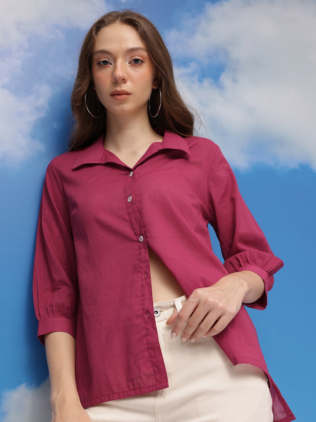 

CORSICA Pure Cotton High-Low Hem Opaque Casual Shirt, Magenta