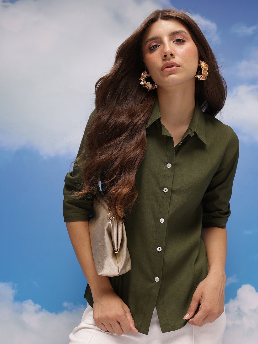 

CORSICA Spread Collar Pure Cotton Casual Shirt, Olive