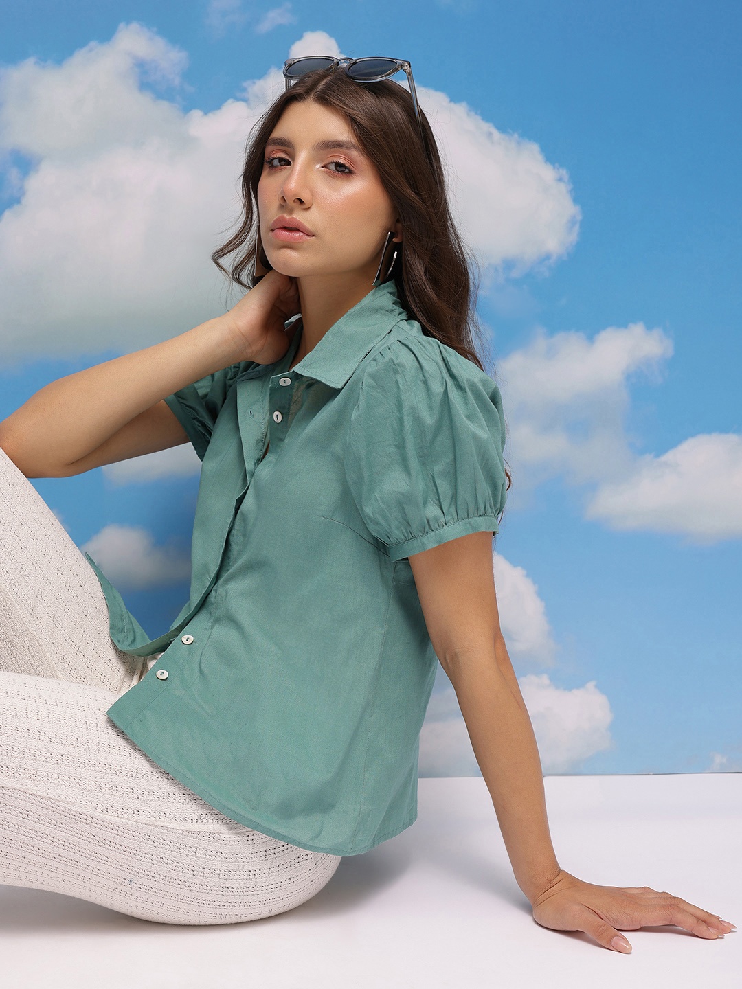 

CORSICA Pure Cotton Pleated Puff-Sleeves Casual Shirt, Green