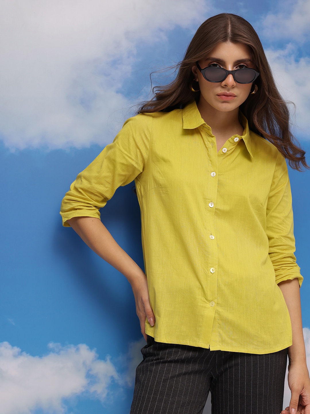 

CORSICA Pure Cotton Pleated Puff-Sleeves Casual Shirt, Lime green