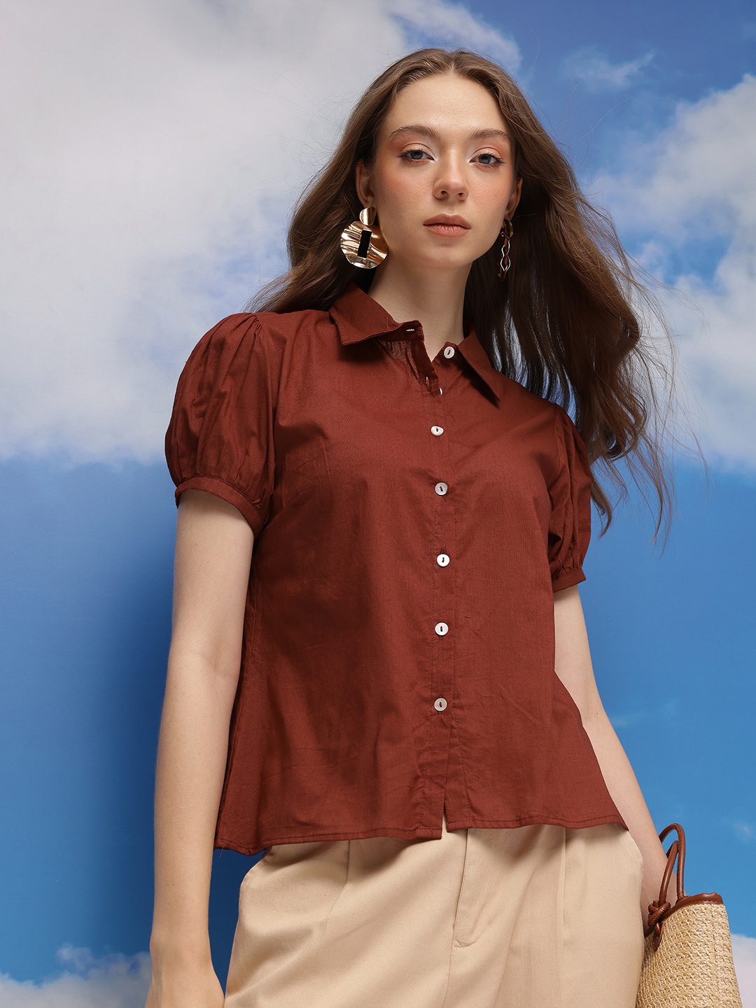 

CORSICA Pure Cotton Puff Sleeves Regular Fit Opaque Casual Shirt, Maroon