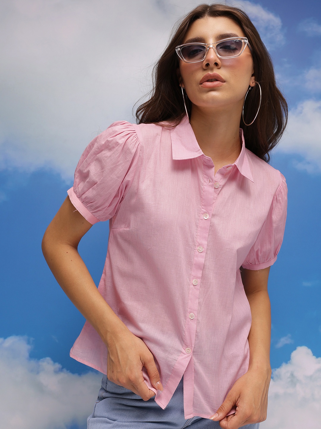 

CORSICA Puff Sleeves Pure Cotton Casual Shirt, Pink