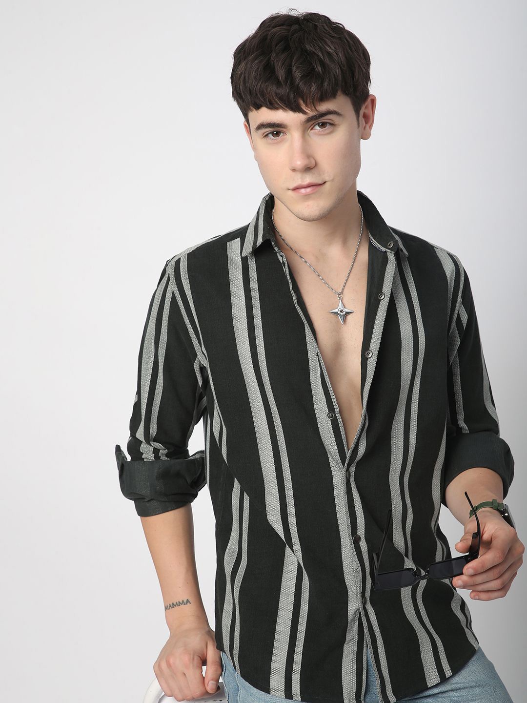 

VASTRADO Men Classic Spread Collar Vertical Striped Cotton Casual Shirt, Olive