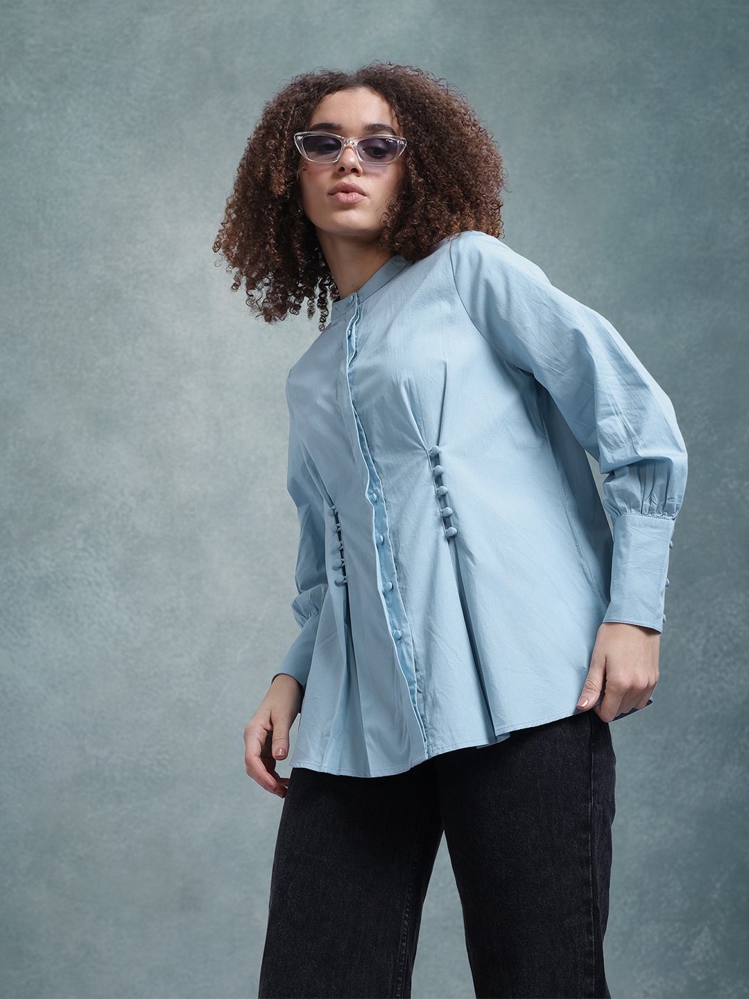 

The Roadster Lifestyle Co. Classic Pleated Volume Sleeve Pure Cotton Casual Shirt, Blue