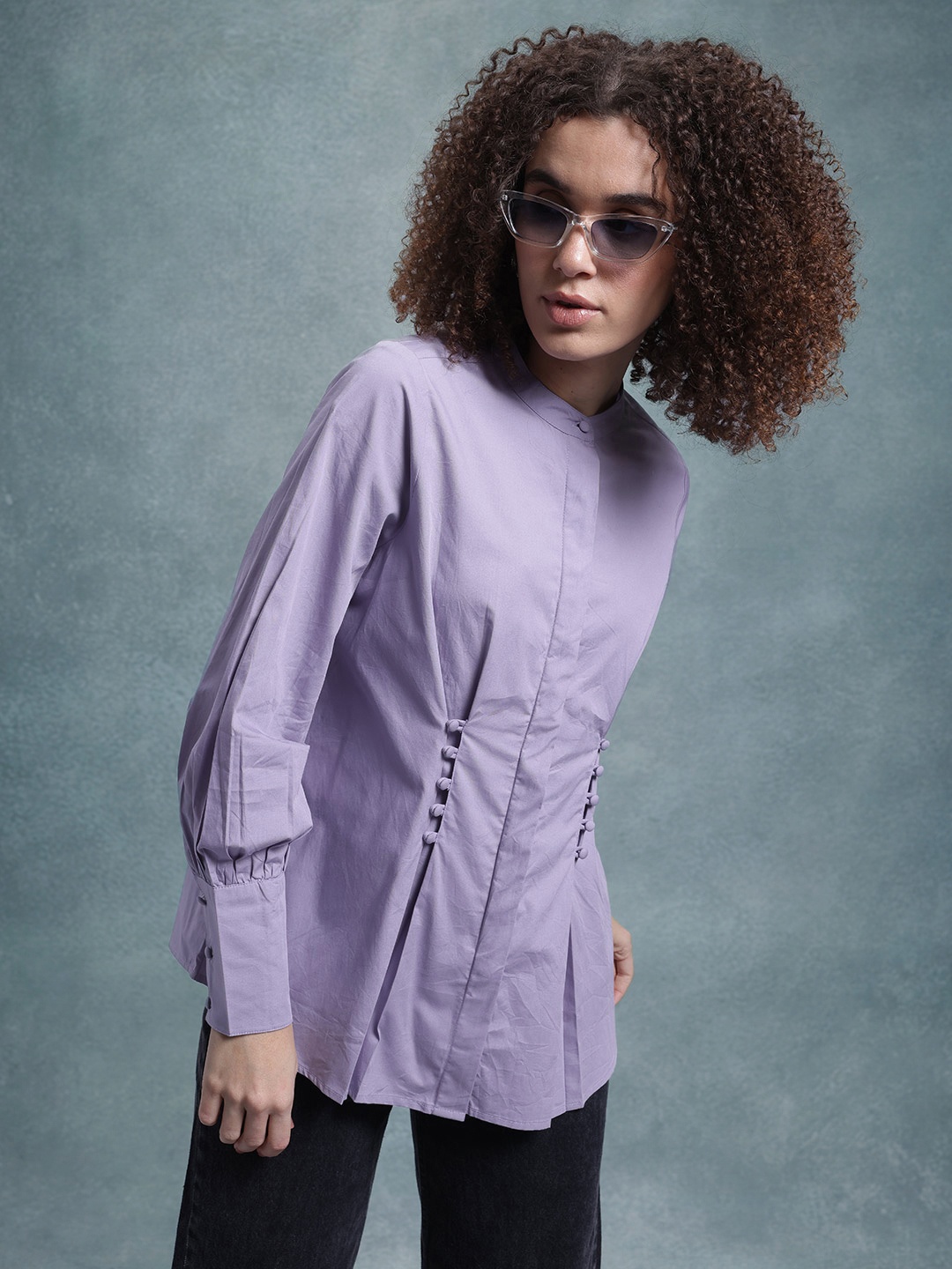 

The Roadster Lifestyle Co. Classic Pleated Volume Sleeve Pure Cotton Casual Shirt, Lavender