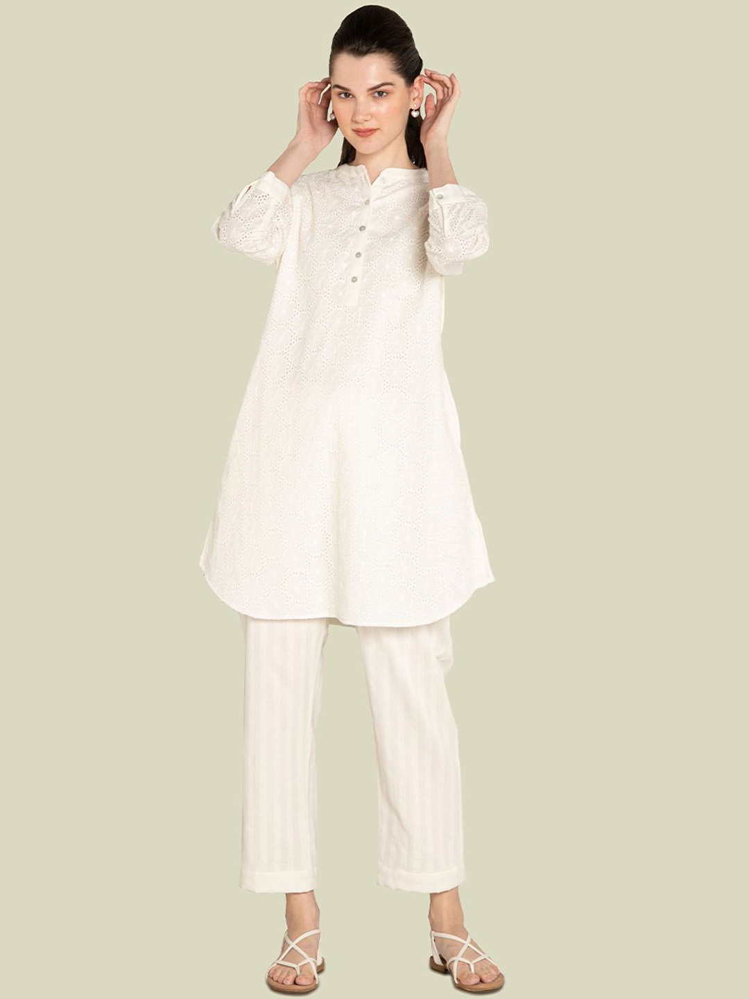 

Ekohum Schiffli Top With Trousers Co-Ords, White