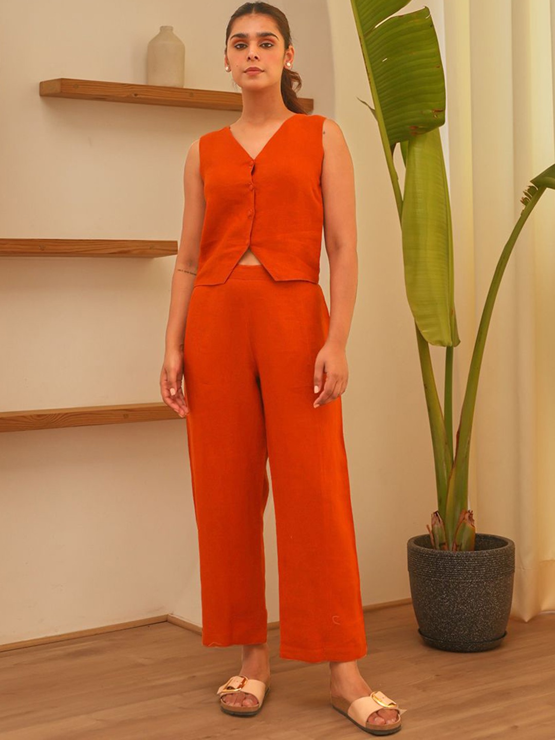 

Ekohum Linen V Neck Top With Trousers Co-Ords Set, Rust