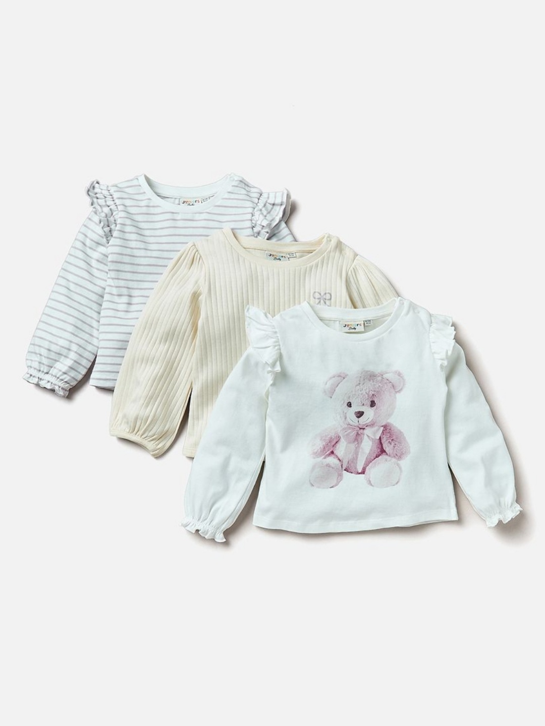 

Juniors by Babyshop Girls Pack Of 3 Striped Round Neck Cotton T-shirts, Beige