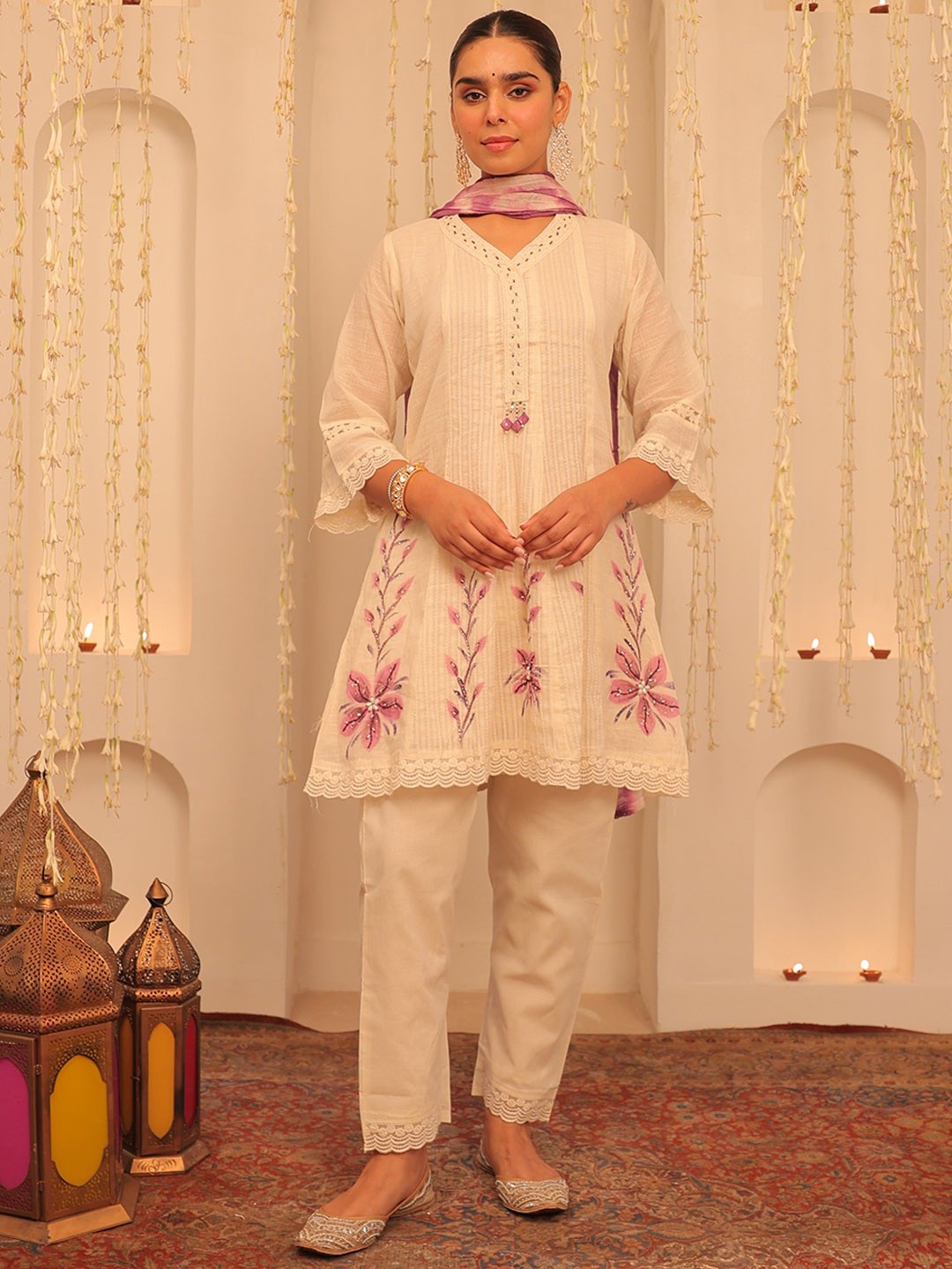 

Alaya By Stage3 Women Pure Cotton Kurta with Trousers & With Dupatta, White