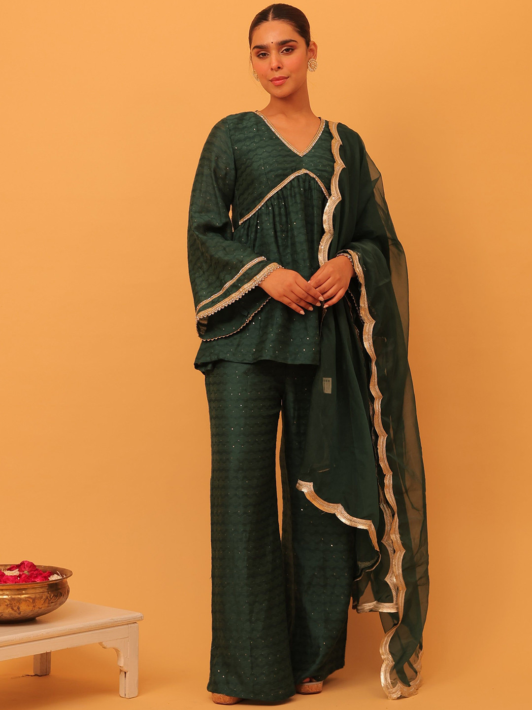 

Alaya By Stage3 Women Floral Embroidered Regular Sequinned Pure Cotton Kurti with Trousers & With Dupatta, Green