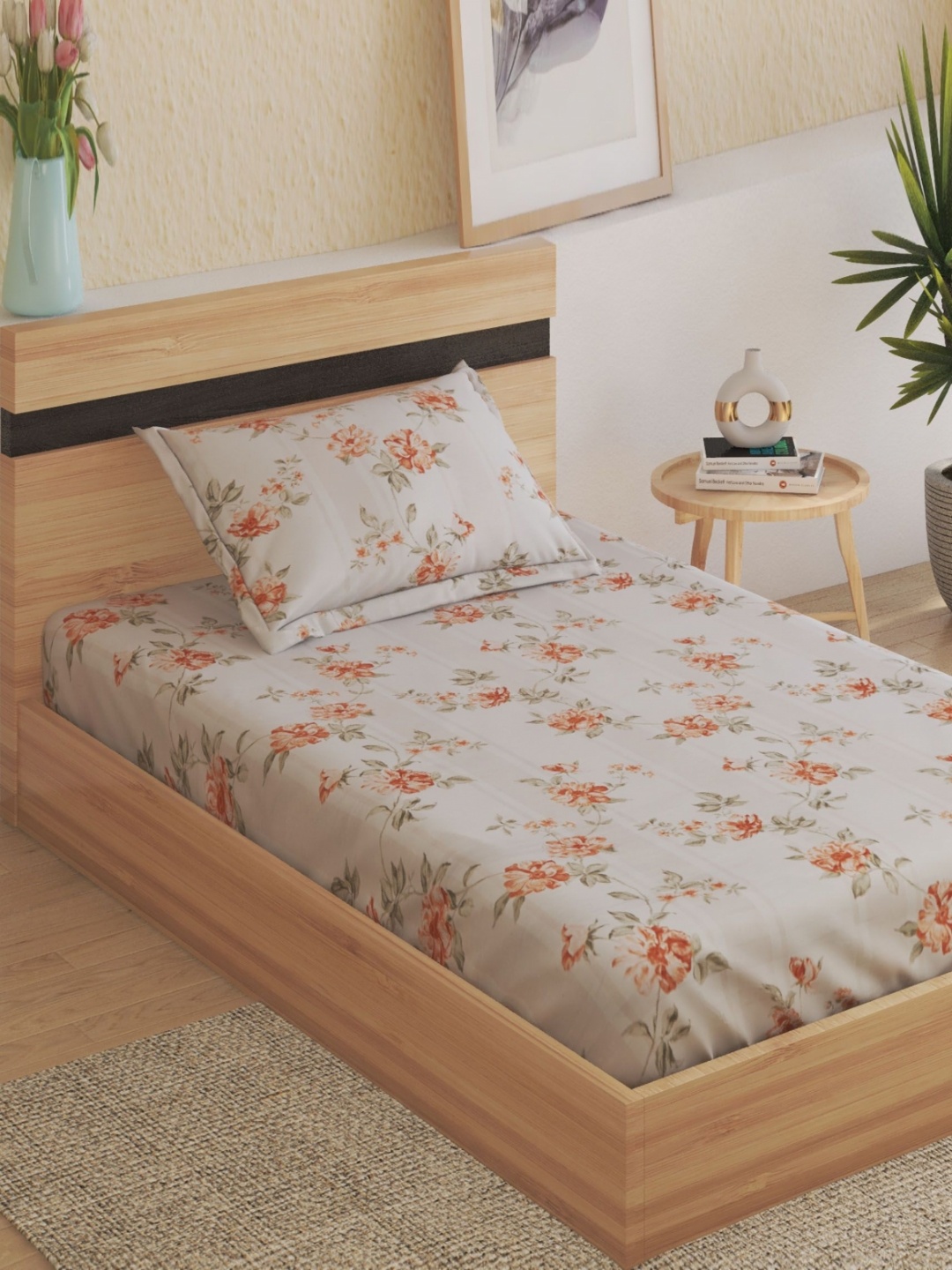 

Home Centre Beige & Orange Floral 120 TC Single Bedsheet with 1 Pillow Covers