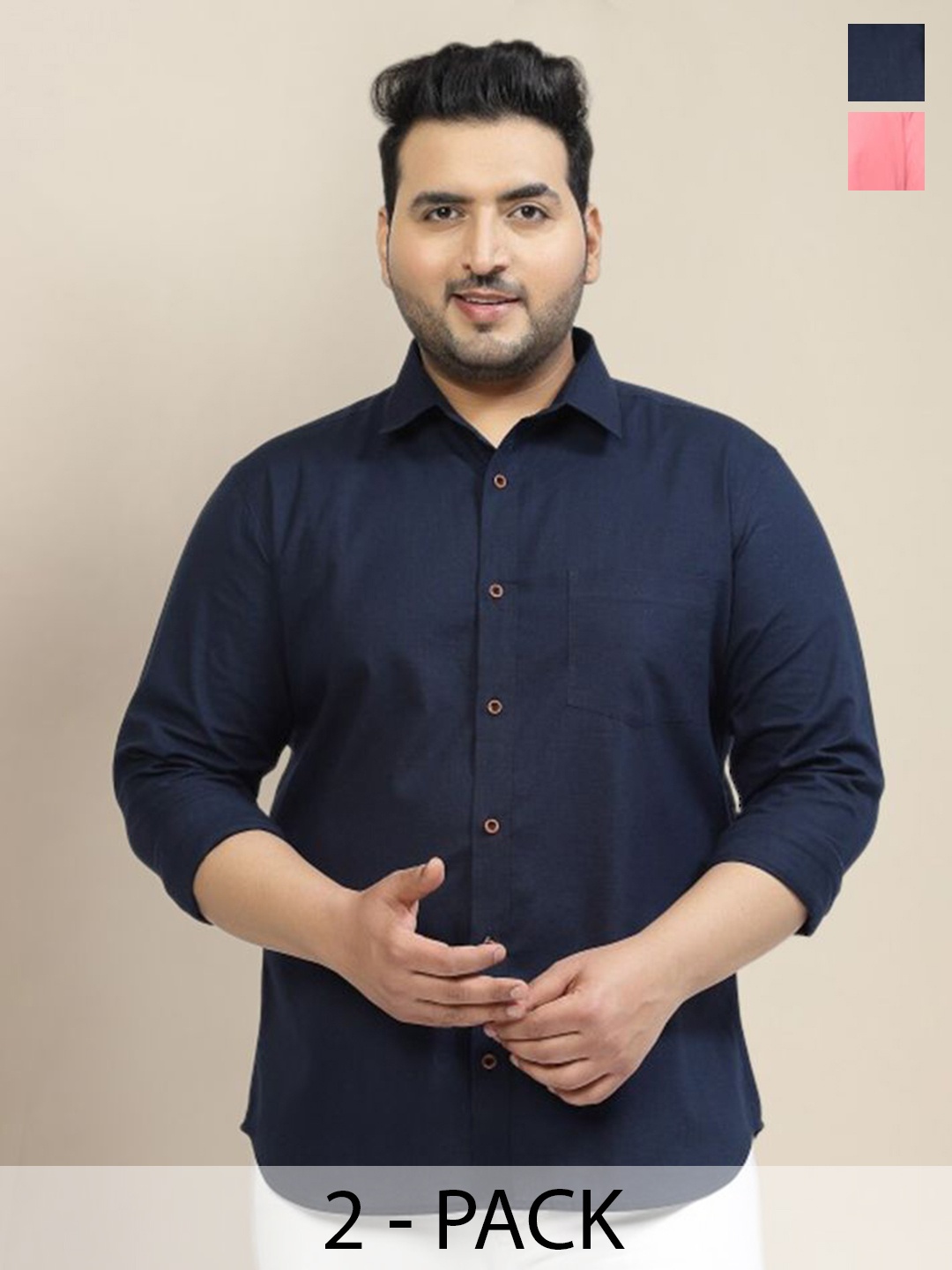 

ADWYN PETER Men Pack Of 2 Classic Spread Collar Solid Cotton Plus Size Casual Shirts, Navy blue