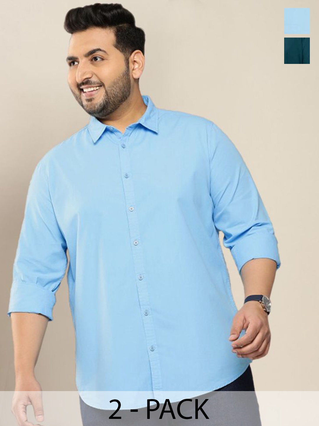 

ADWYN PETER Men Pack Of 2 Classic Spread Collar Solid Cotton Plus Size Casual Shirts, Blue