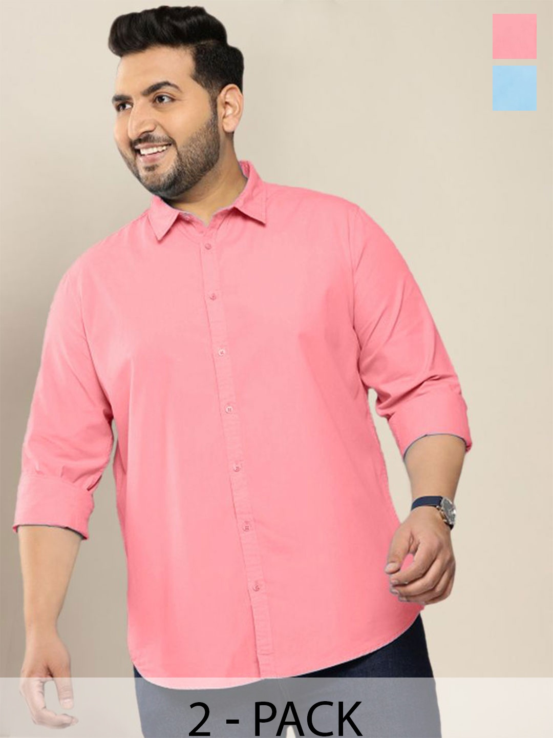 

ADWYN PETER Men Pack Of 2 Classic Spread Collar Solid Cotton Plus Size Casual Shirts, Pink