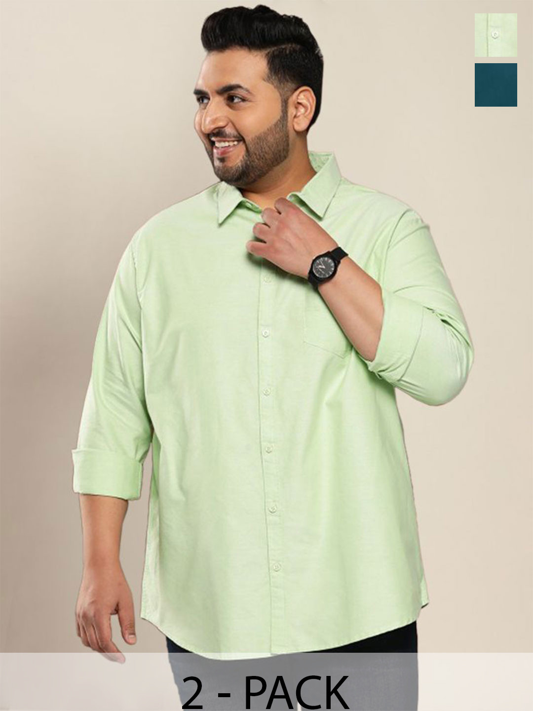 

ADWYN PETER Men Pack Of 2 Classic Spread Collar Solid Cotton Plus Size Casual Shirts, Green