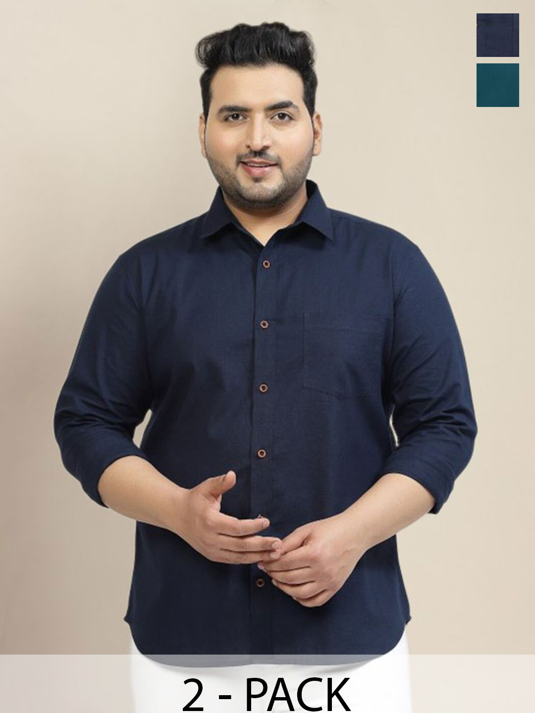 

ADWYN PETER Men Pack Of 2 Classic Spread Collar Solid Cotton Plus Size Casual Shirts, Navy blue