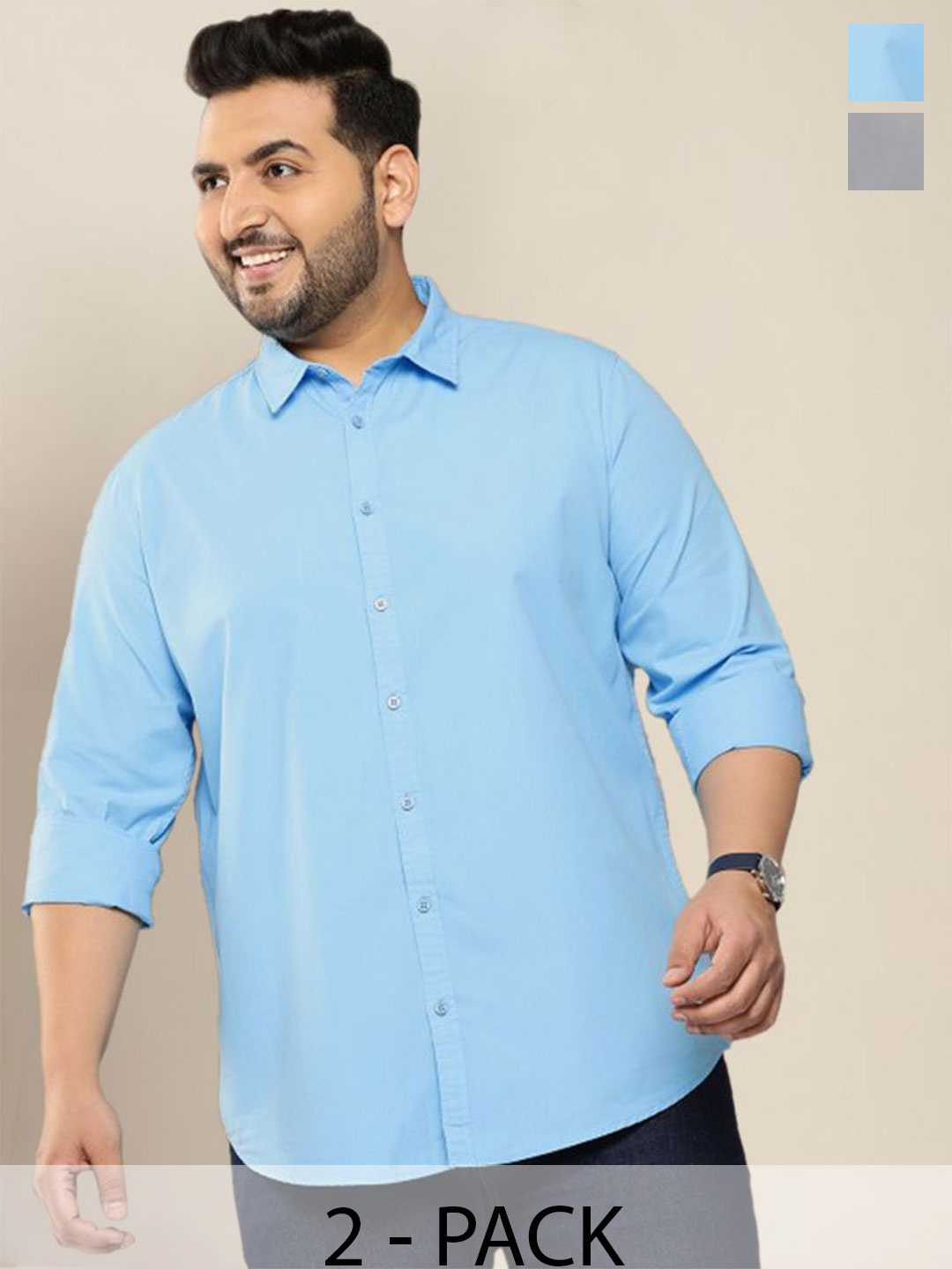 

ADWYN PETER Men Pack Of 2 Classic Spread Collar Solid Cotton Plus Size Casual Shirts, Blue