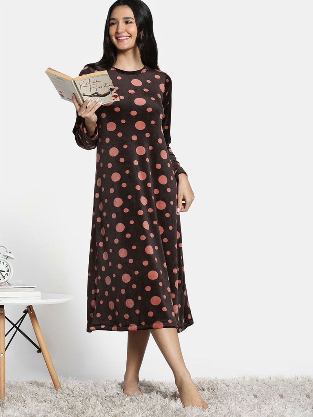 

Zivame Women Polka Dots Printed Nightdress, Brown