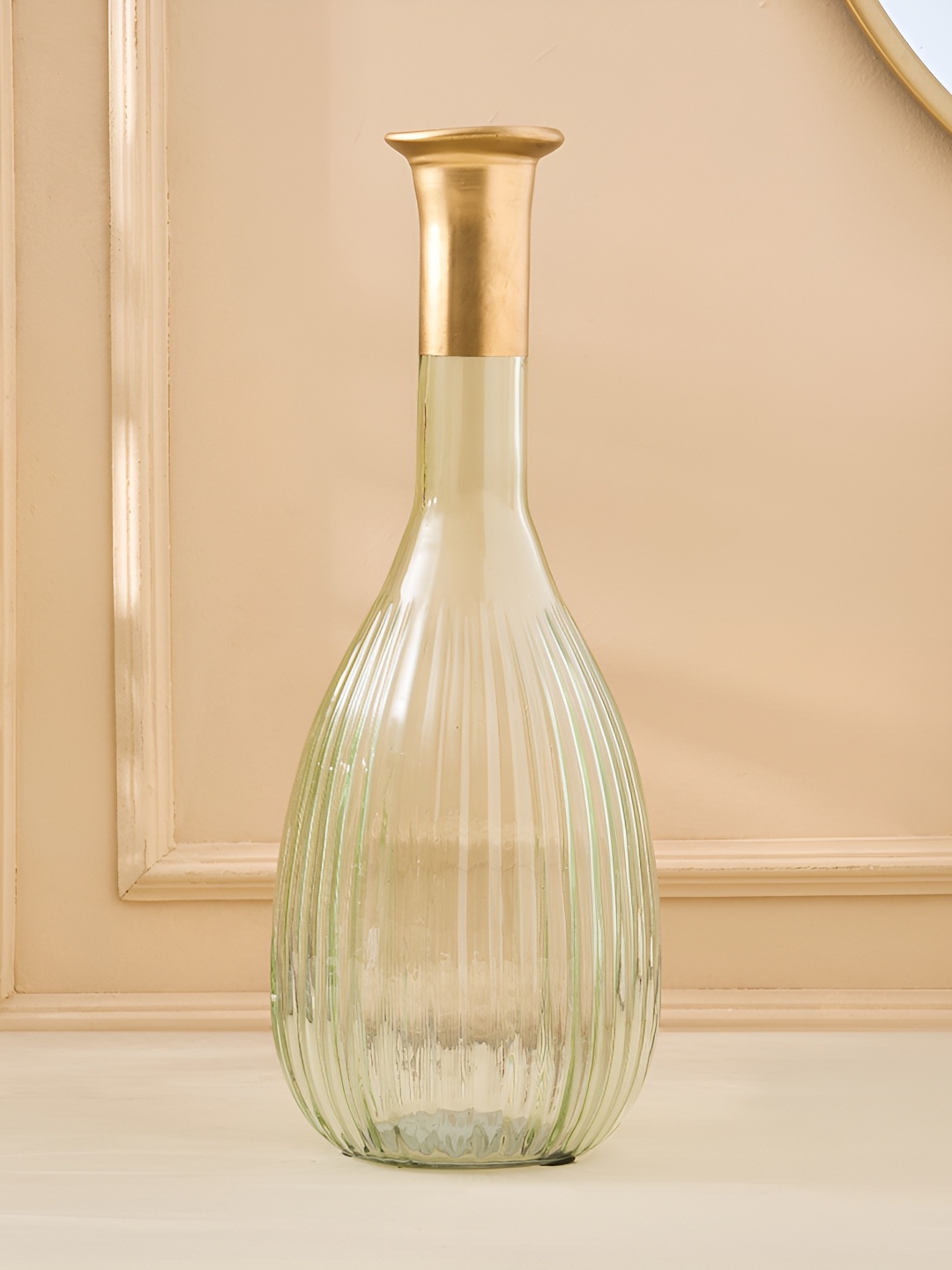 

Home Centre Moksha Green & Transparent Ribbed Glass Narrow Oval Vase