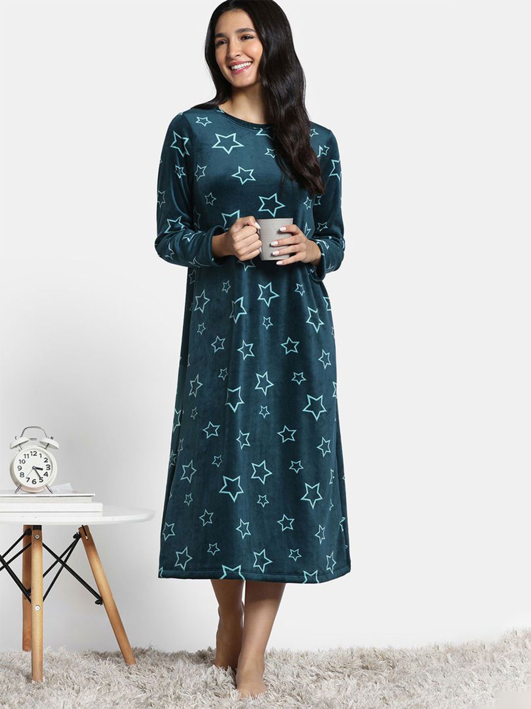 

Zivame Women Star Printed Winter Nightdress, Teal