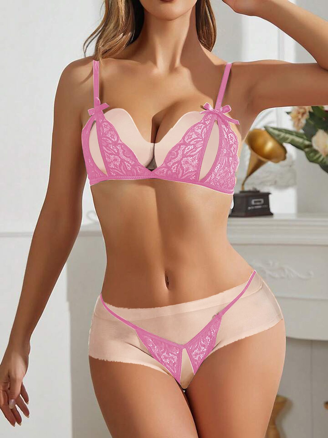 

VAGHBHATT Women 2 Piece Self Design V Neck Lingerie Set, Pink