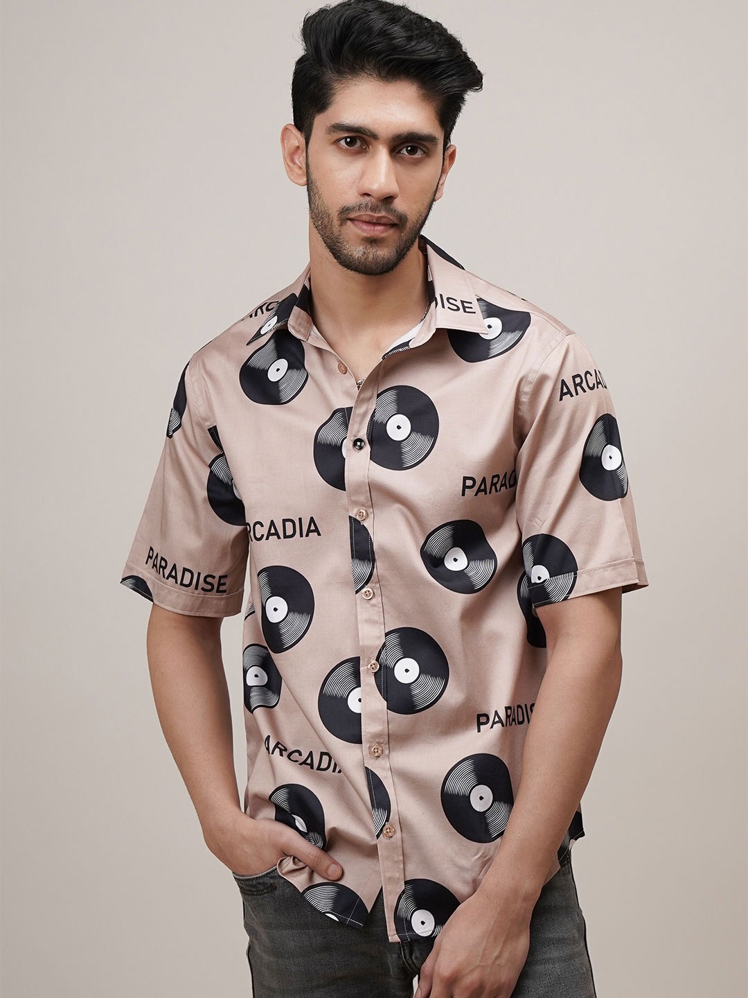 

CLUBHAVANA Comfort Fit Paradise Spinners Printed Spread Collar Cotton Casual Shirt, Beige