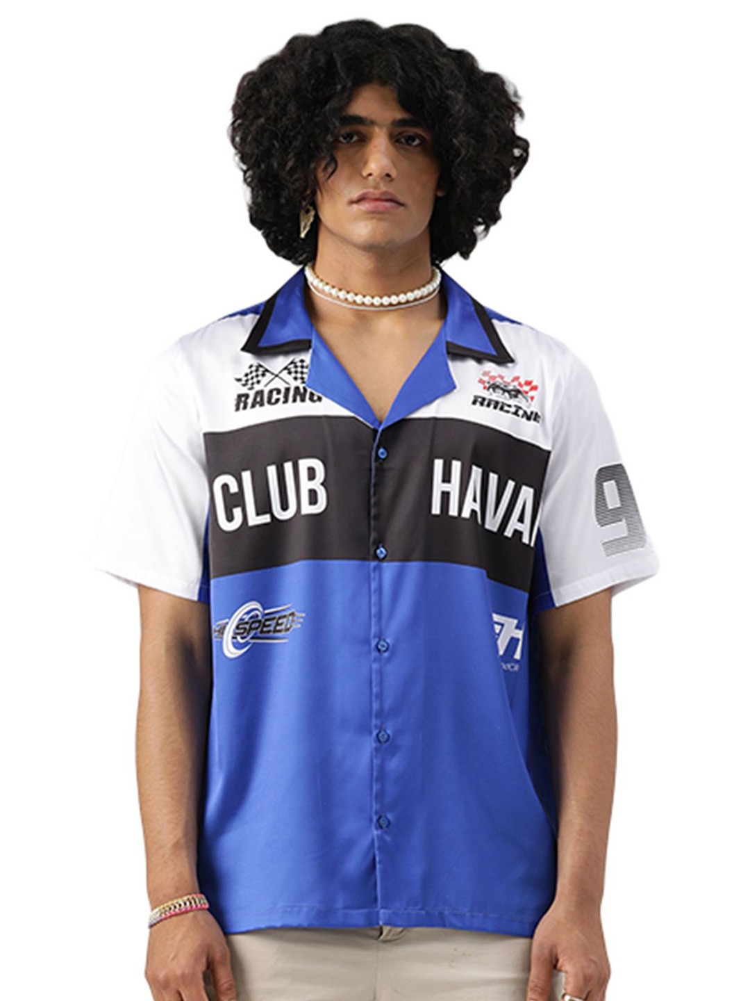 

CLUBHAVANA Graphic Glam Comfort Fit Printed Cuban Collar Premium Soft Satin Casual Shirt, Blue