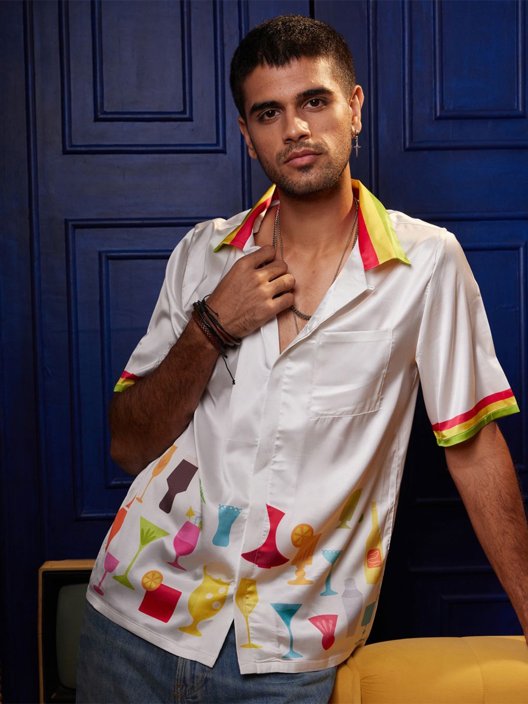 

CLUBHAVANA Funzz Regular Fit Graphic Printed Premium Soft Satin Casual Shirt, White