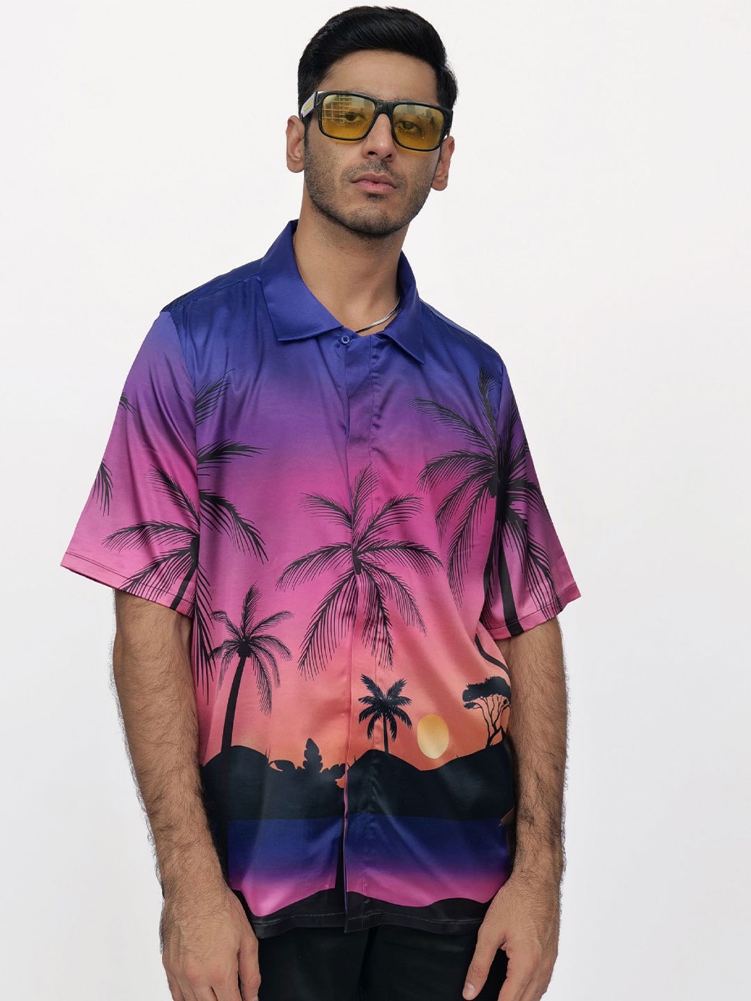 

CLUBHAVANA Purple Palms Men Graphic Printed Comfort Relaxed Fit Soft Satin Casual Shirt