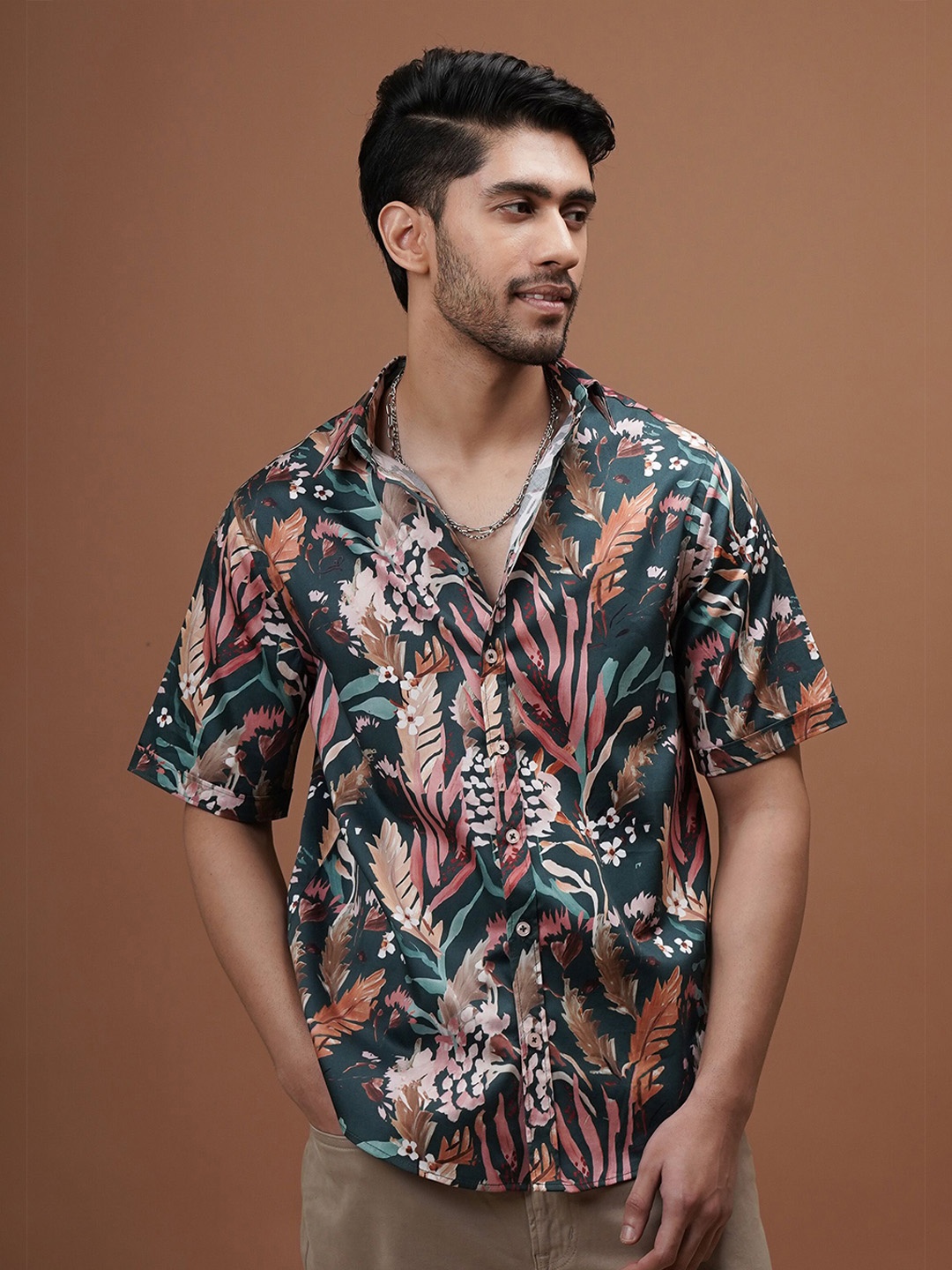 

CLUBHAVANA Comfort Rustic Flora Printed Spread Collar Cotton Casual Shirt, Olive