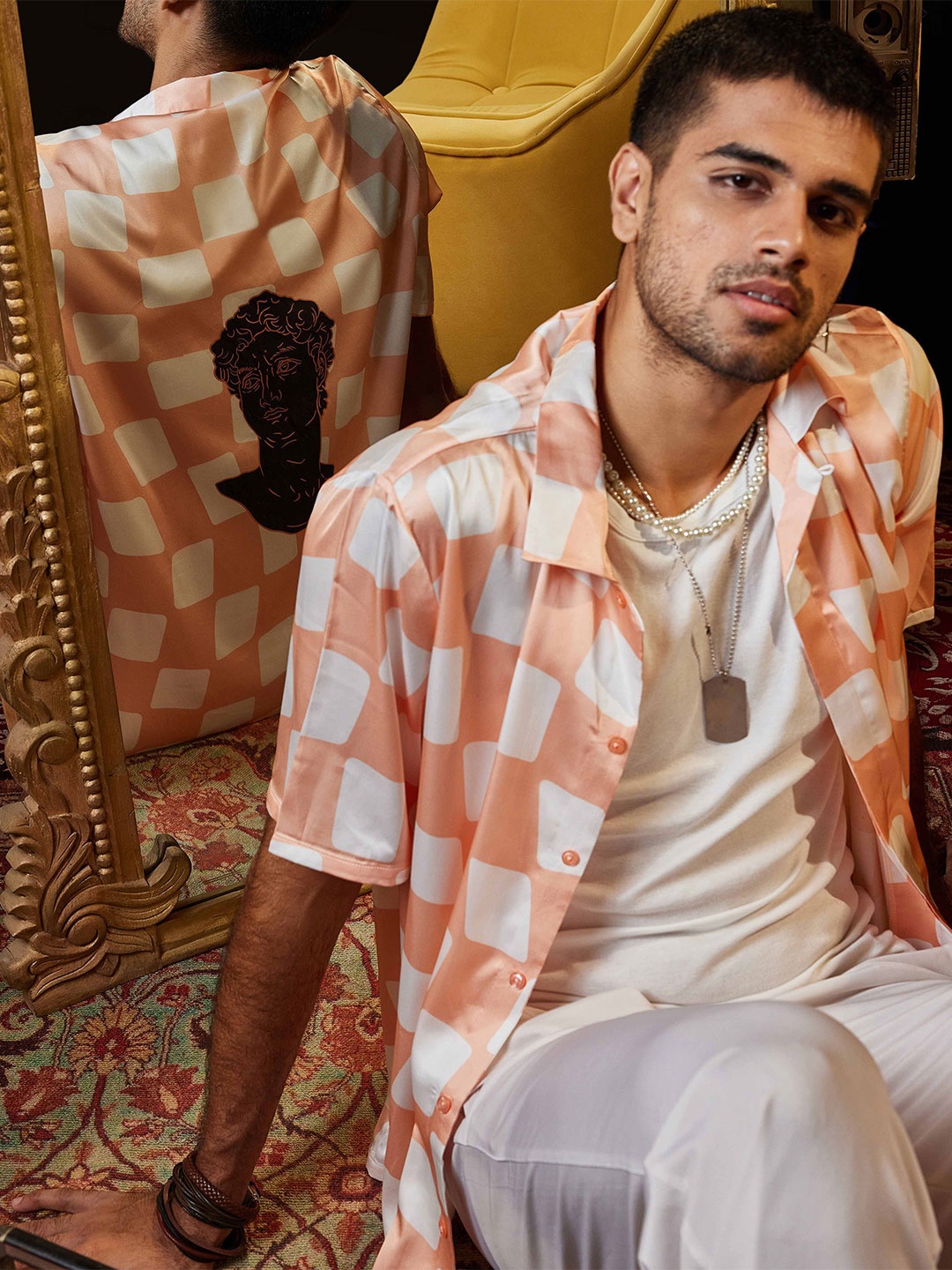 

CLUBHAVANA Fuzzy Checkers Comfort Checked Premium Soft Satin Casual Shirt, Orange