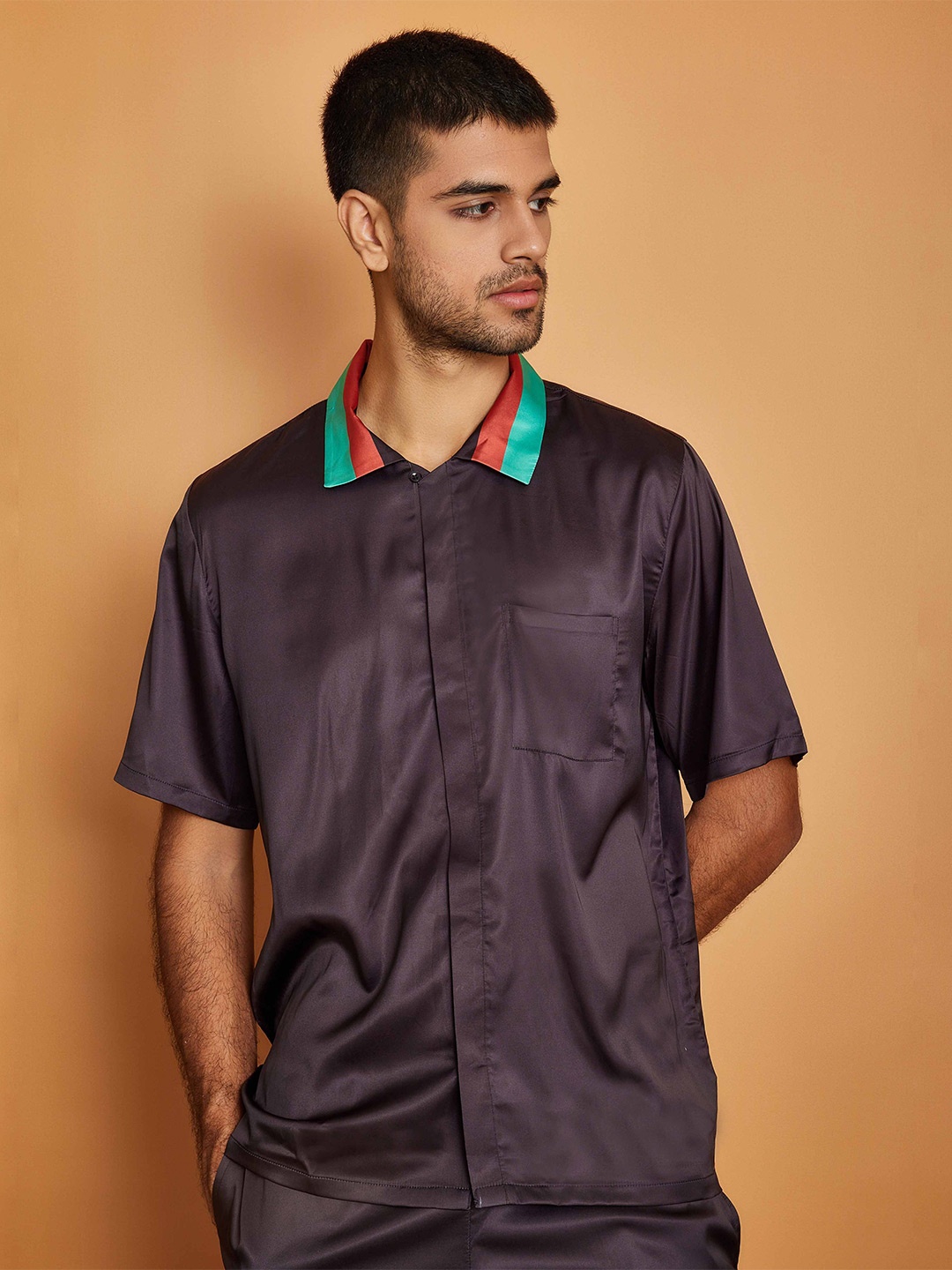 

CLUBHAVANA Cross Bar Comfort Premium Soft Satin Casual Shirt, Black