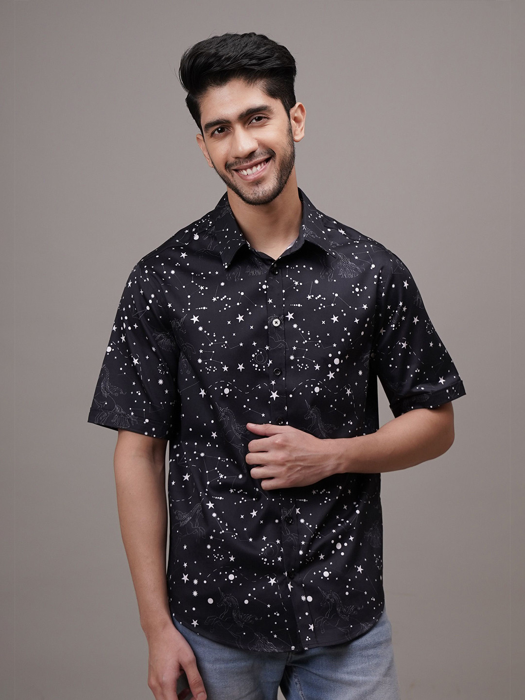 

CLUBHAVANA Comfort Fit Cosmic Gallop Printed Spread Collar Cotton Casual Shirt, Black