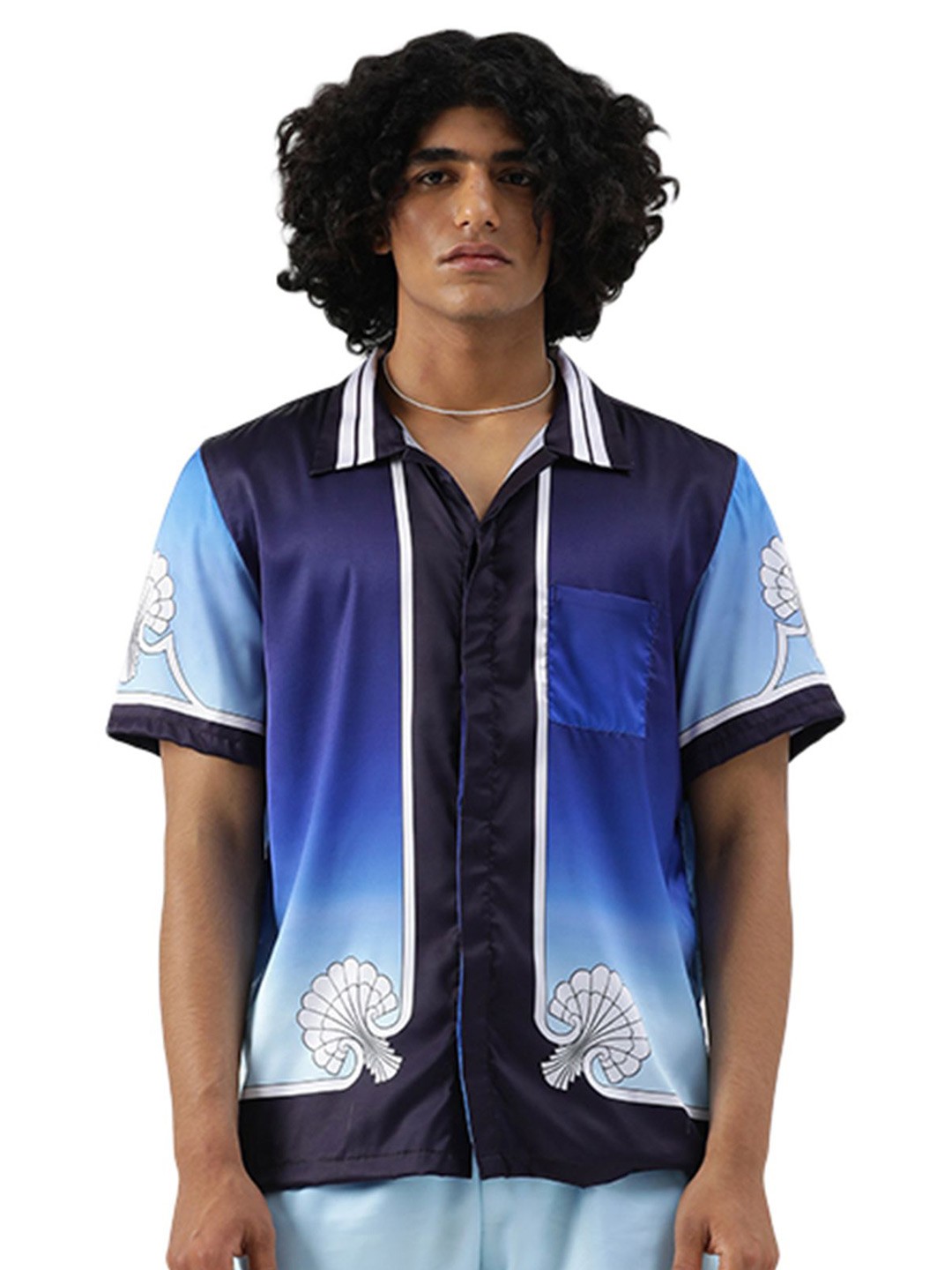 

CLUBHAVANA Sun & Sand Comfort Fit Graphic Printed Premium Soft Satin Casual Shirt, Blue