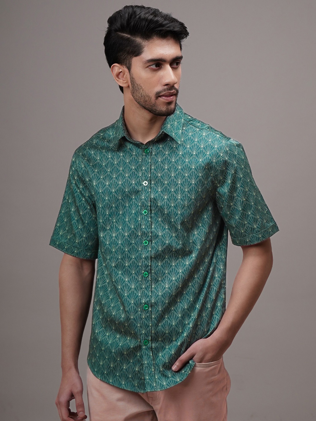 

CLUBHAVANA Comfort Fit Geometric Harmony Printed Cotton Casual Shirt, Green