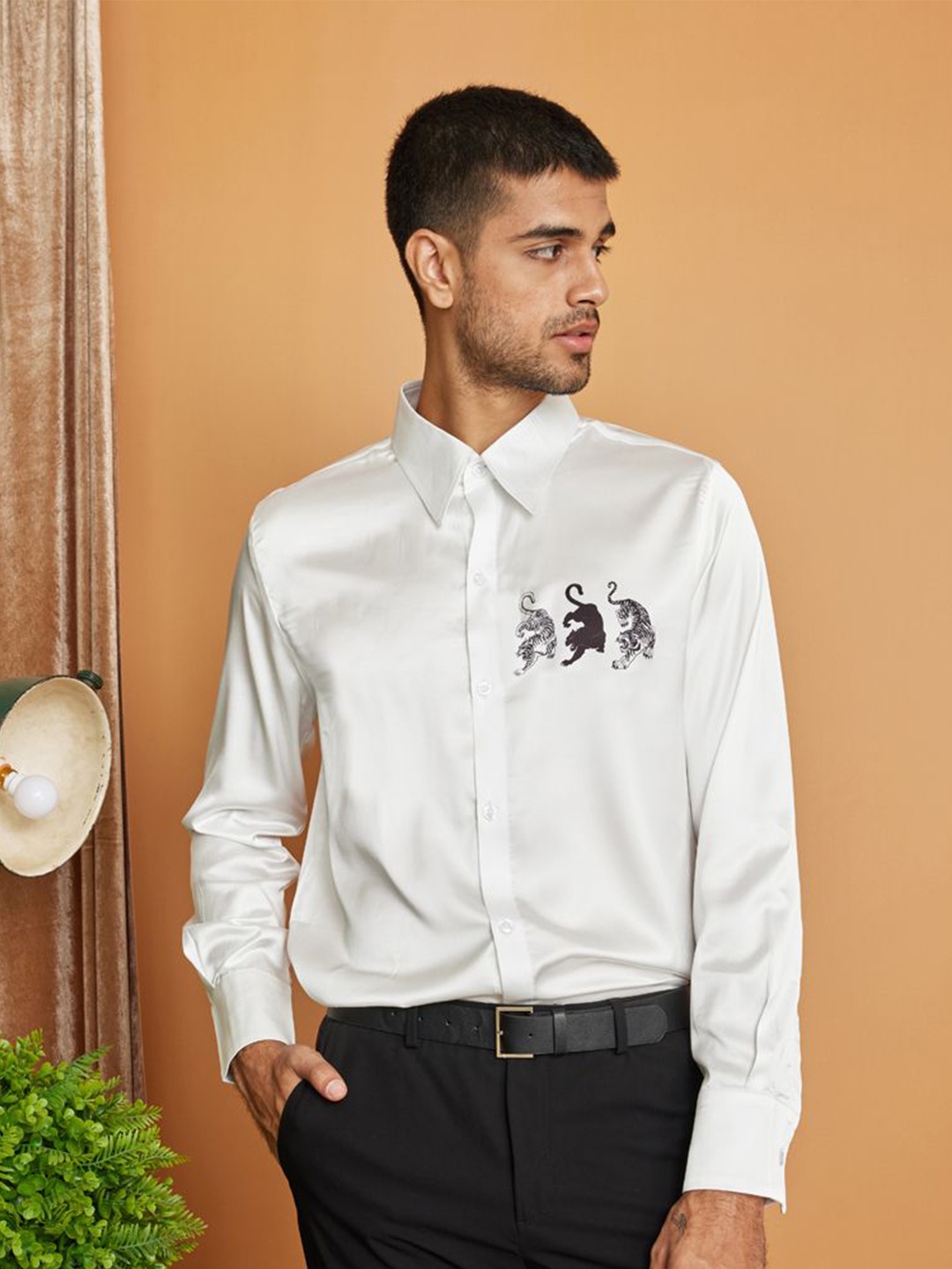

CLUBHAVANA Men Feline Trio Comfort Fit Graphic Printed Premium Soft Satin Casual Shirt, White